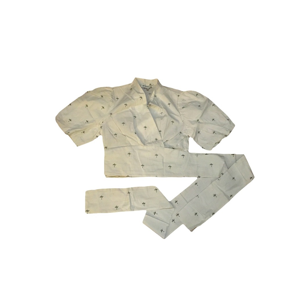 Munthe Sz 36 Wrap Long Tie Balloon sleeve V neck Tropical Palm tree print GUC